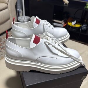 White Leather Men's Shoes with Red Accents